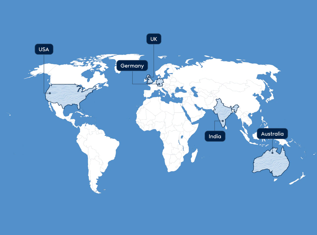 World map showing Differentia Bio office locations in USA, China, Germany, India and Australia